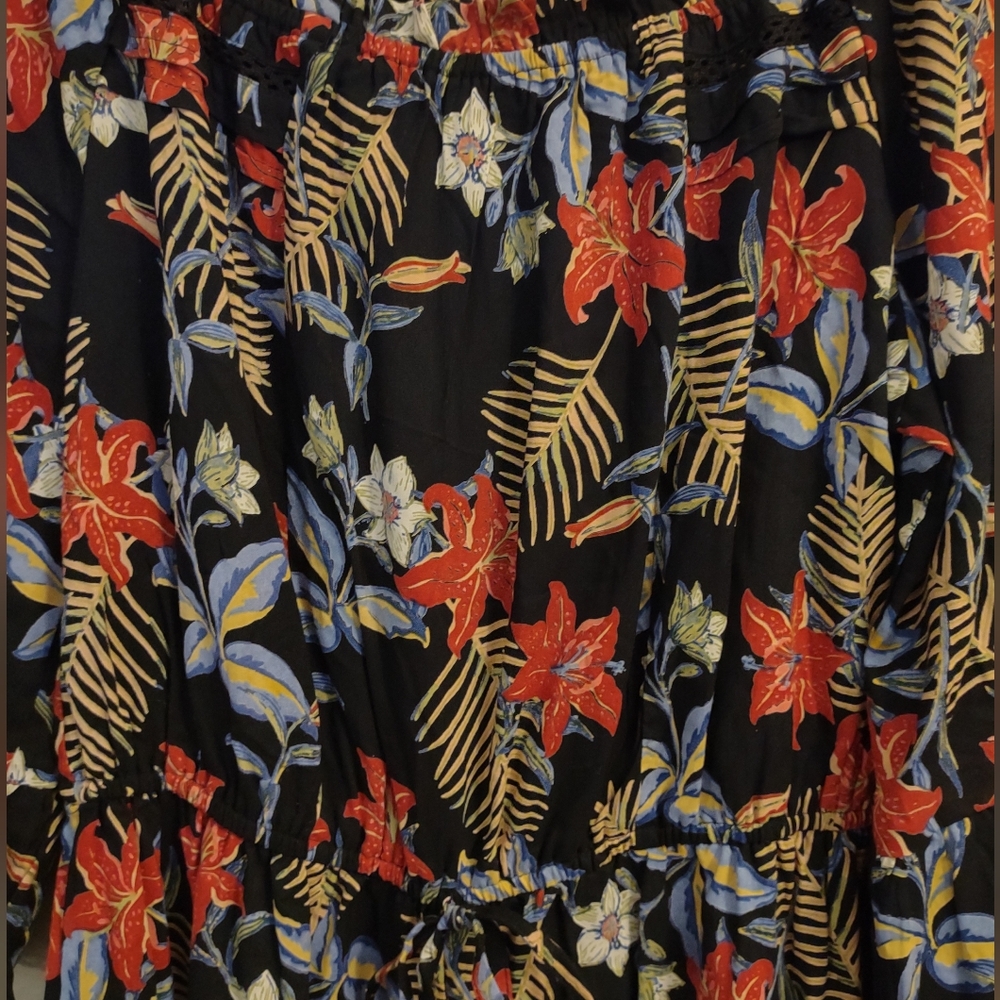 Angie Off-Shoulder Black Tropical Floral Romper – Boho Chic Size Large - Picture 5 of 11